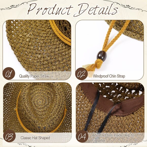 6184 9 Pack Straw Cowboy Hats For Women Western Cowgirl Beach Sun Hat Bulk main image 4